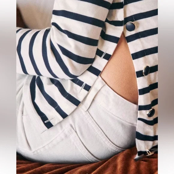 Sezane Navy and Cream Striped Long-Sleeve Button-Side Top - Picture 8 of 16